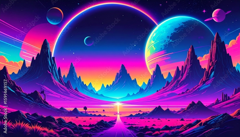 Fototapeta premium Cyberpunk-inspired futuristic landscape, otherworldly science fiction environment of an extraterrestrial planet with a vibrant neon color scheme.