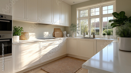 High-resolution image of contemporary kitchen space featuring white surfaces  modern decor  small plants  and built-in lighting  reflecting elegant home organization and design aesthetics.