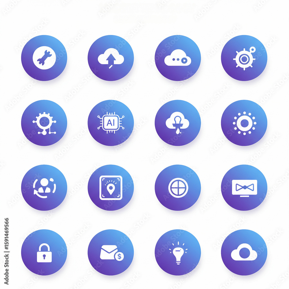 Modern colorful icon set with soft gradients and smooth shapes Modern colorful icon set with soft gradients and smooth shapes