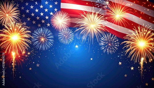 Fireworks display over American flag