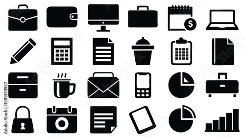 Collection of business and office related icons including stationery and electronic devices shown
