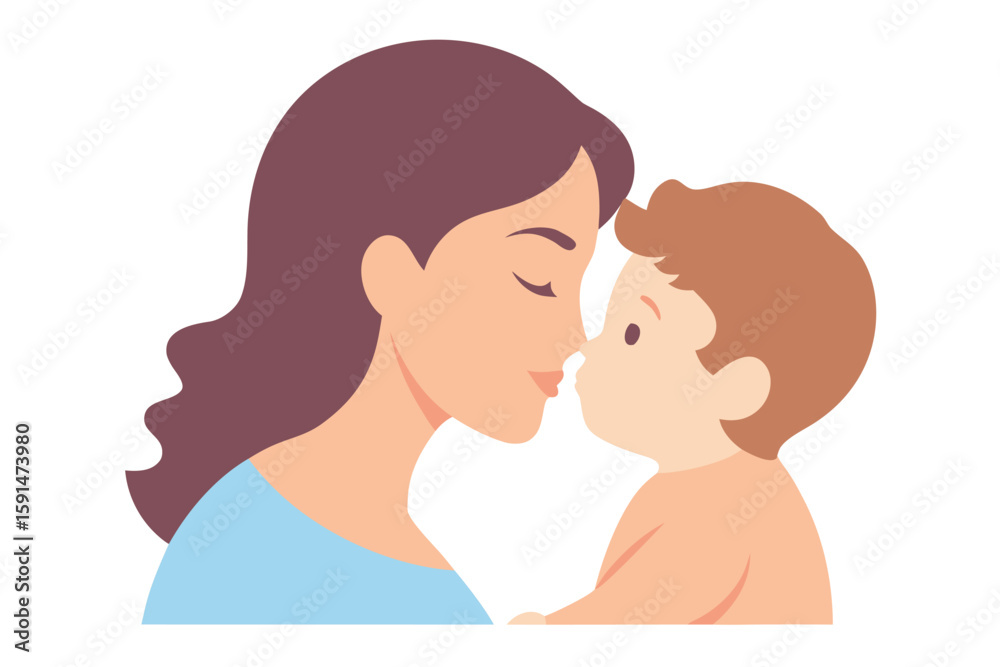 watercolor illustration of a mom gently kissing h