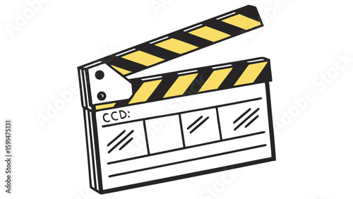Simple black and yellow graphic of a movie clapperboard, open to signal the start of recording.