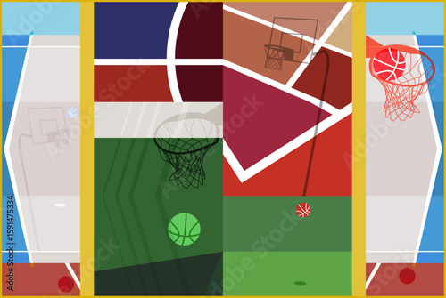 Basketball Courts. Close up of basketball court lines view. concept in flat style. High angle view of basketball court dividing lines on colorful abstract background.