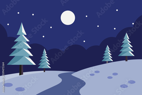 snowy hilltop forest with footprints leading to a