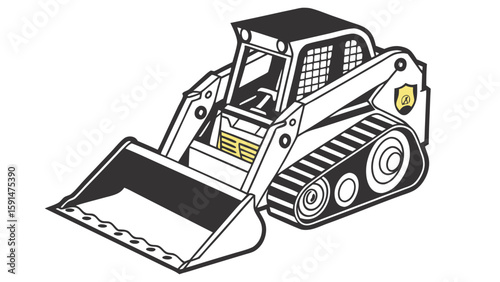 A black and white illustration of a compact construction skid steer loader machine.