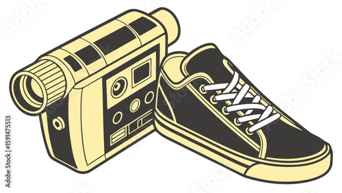 Retro film camera and classic canvas sneaker, vintage style illustration.