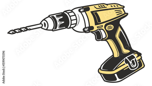 A detailed illustration of a cordless drill with a drill bit, ready for construction work.