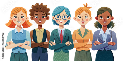 set of businesswoman collection professionals standing confidently with arms crossed and smiling. Formal attire, diverse characters, office theme, isolated on white background	