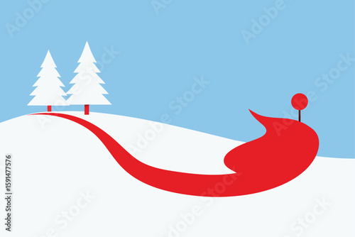 one red sleigh on a snow covered path with only t