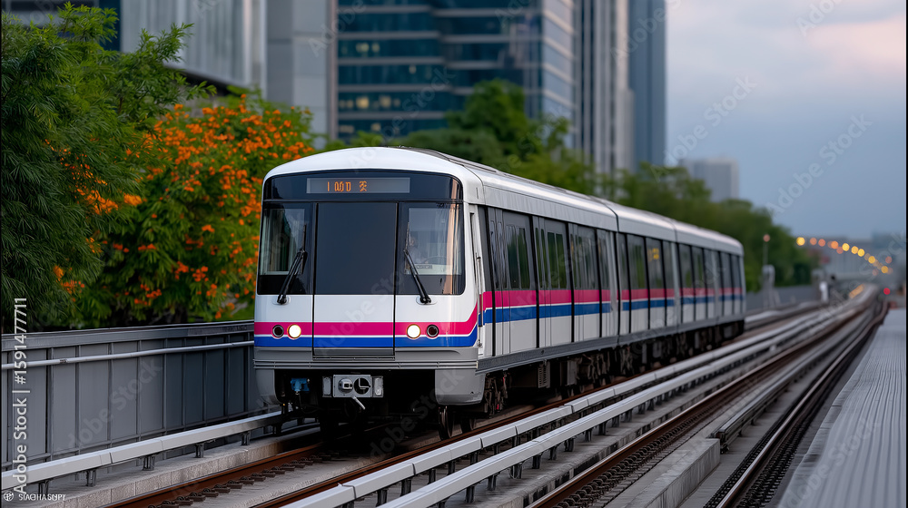 Naklejka premium Dynamic city scene of Bangkok featuring BTS Skytrain speeding through elevated rails with backdrop of tall buildings, dense traffic, and commuters reflecting modern commuting lifestyle. BTS Skytrain, 
