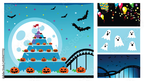 Halloween themed illustration with pumpkins, bats, ghosts, moon and rollercoaster scene at night