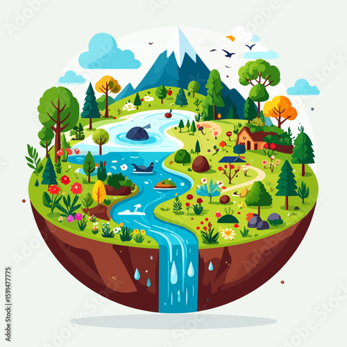 Cartoon illustration of a sustainable ecosystem with a river, lake, mountains, house, trees, flowers, birds and other elements creating a peaceful and serene environment.