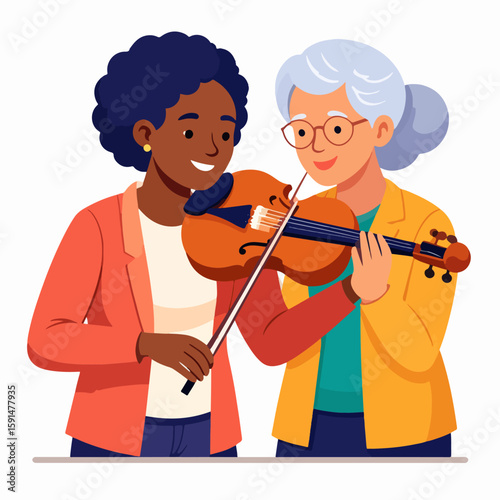 An illustration of a young African American woman learning to play the violin with assistance from a senior woman, showcasing intergenerational learning and musical collaboration.