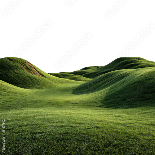 Rolling green hills with soft shadows and a patch of exposed earth isolated on transparent background