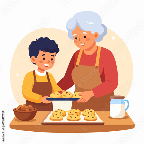 A heartwarming illustration depicts a grandmother and her grandson baking delicious chocolate chip cookies together in a cozy kitchen setting, fostering a precious intergenerational bond.