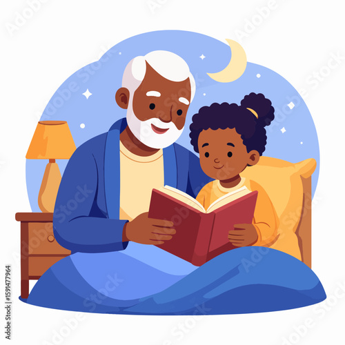 An African-American grandfather reads a bedtime story to his granddaughter in a cozy bedroom with a nightstand lamp and moon, creating a loving intergenerational moment.