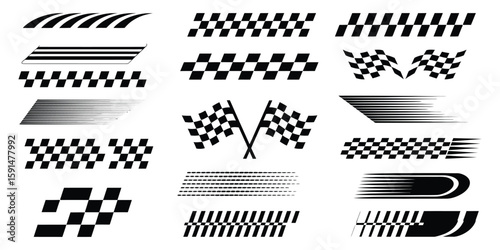 Racing Stripes, Checkered Flags, Speed Decals, and Dynamic Lines in Black and White – Perfect for Race Car Graphics and Motorsport Design

