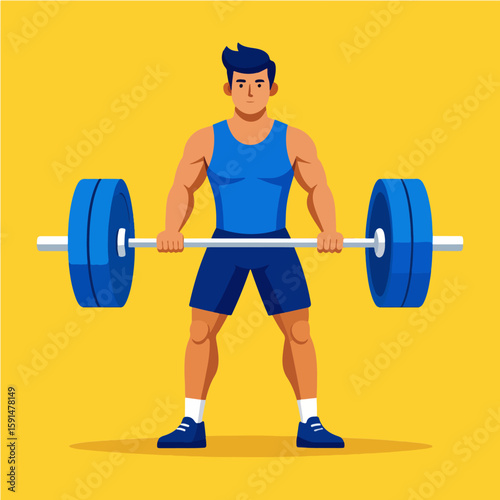 Vector illustration of a strong, muscular man about to lift a heavy barbell in a gym setting, showcasing fitness, exercise, and weightlifting.