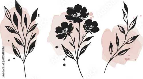 A seamless vector pattern of black tree and plant silhouettes creates a decorative floral art illustration with swirling branches and leaf elements