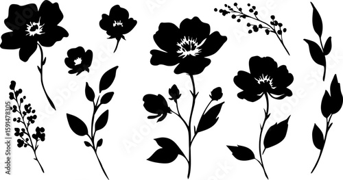 A seamless vector pattern of black tree and plant silhouettes creates a decorative floral art illustration with swirling branches and leaf elements