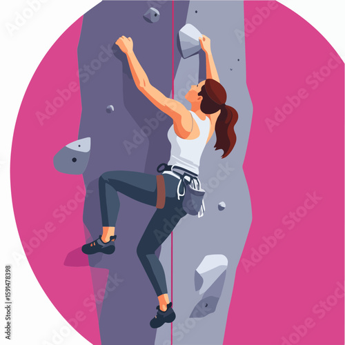 Vector illustration of a young woman climbing an indoor rock wall with a chalk bag, showcasing strength, fitness, and the challenge of climbing as a sport on a pink circular background.