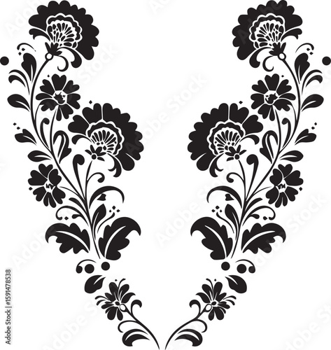 Monochrome floral vector divider, classic folky flower pattern, Adobe Illustrator Artwork