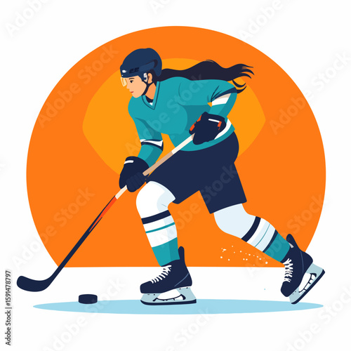 Illustrated woman hockey player skates swiftly towards the puck against a bold orange backdrop, showcasing athleticism, determination, and the excitement of the sport.