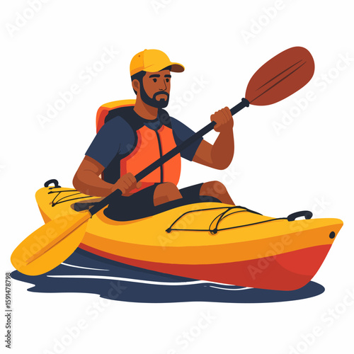 An illustration of a focused man wearing a life vest and hat while paddling a bright yellow kayak through dark blue water on a sunny day.