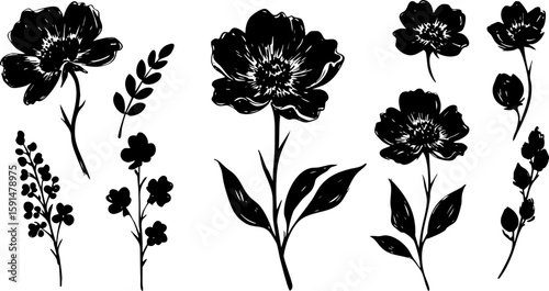 Seamless black and white floral pattern with vintage flower, leaf, and butterfly elements, ideal for elegant vector art and decoration