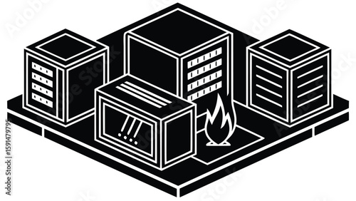 Isometric view of a server room with servers a toaster and a flame on a platform in black and white