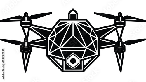 Geometric drone design with four propellers and a central polygonal body in black and white style
