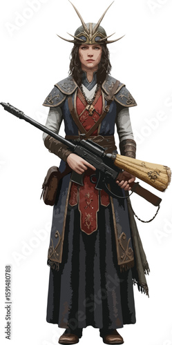 A young woman in medieval armor holding a rifle with a wooden stock and a detailed helmet with antennas