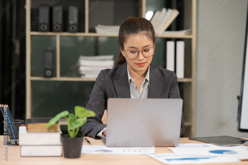 Fototapeta premium Asian businesswoman working on laptop at office