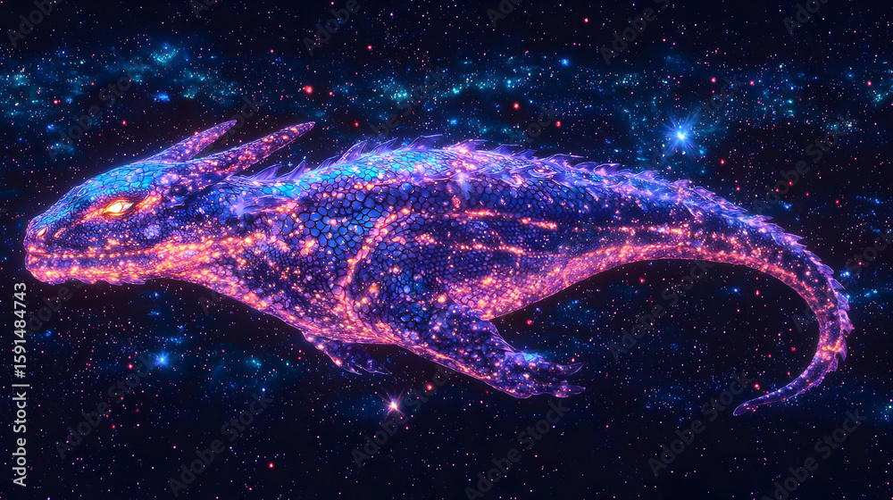 Fototapeta premium Cosmic dragon, vibrant colors, swirling, starry nebulae. Dragon-like creature, glowing scales, space, powerful, fantasy