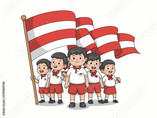 Smiling children proudly parade with Indonesian flags, celebrating national pride.