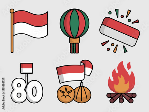 Illustration of Indonesian Independence Day elements including flag, balloon, number 80, fire, and decoration.