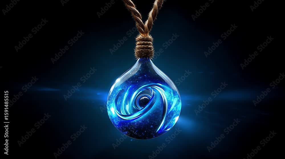 Close up of a spiral blue glass pendant suspended from a twisted rope set against a dark background with dramatic lighting highlighting its luminous surface