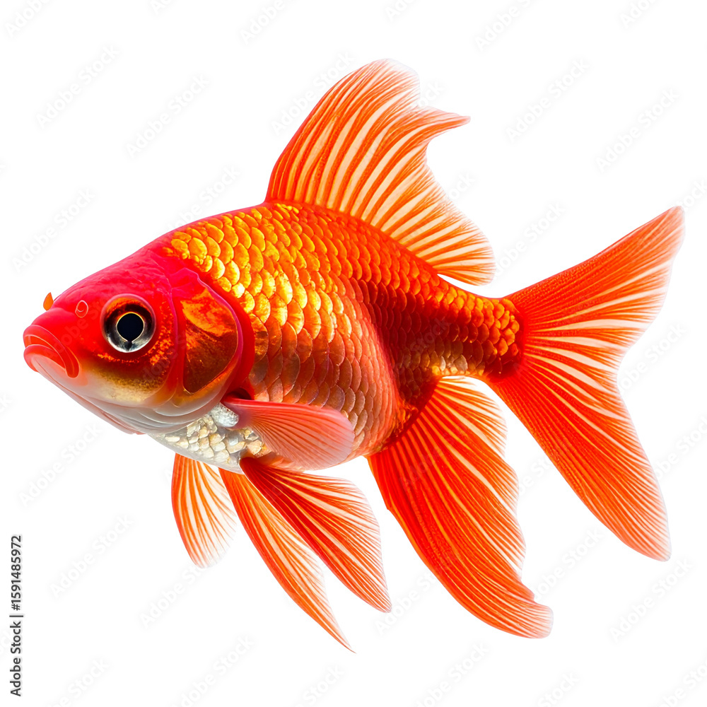 Fototapeta premium Golden goldfish swimming underwater, isolated on a white background