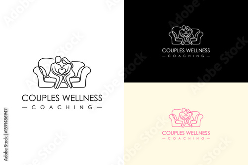 illustration of abstract couple sitting close and holding heart, vector logo for couple support, healthy relationship, partners wellness, couples therapy, couples wellness coaching, and more