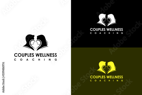 man and woman side profiles facing each other illustration, vector logo for partners wellness, couples therapy, couple support, healthy relationship, couples wellness coaching, and more