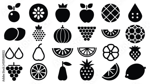 Illustration of various kinds of fruits including whole and sliced fruits in a black and white color scheme