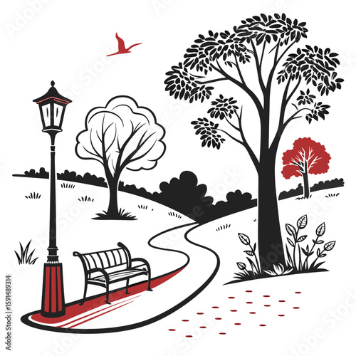 Park Scene Icon Vector | Generative AI Linocut Silhouette Design