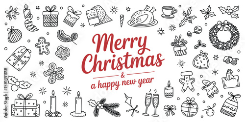 Hand Drawn Black and White Christmas Vector with Holiday Food and Decor