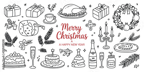 Black and White Holiday Illustration with Festive Objects and Red Text