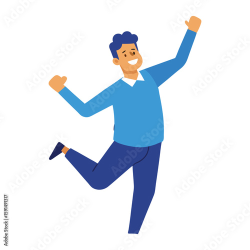 Overjoyed man dance celebrate success. Smiling male employee have fun enjoy win or victory in office.