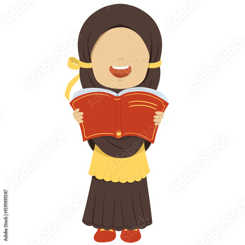Muslim Girl in Hijab Reading a Book Cartoon Illustration