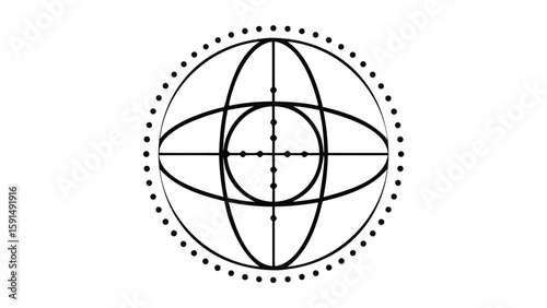 Geometric design featuring intersecting ellipses circle and dotted outer circle in black and white style