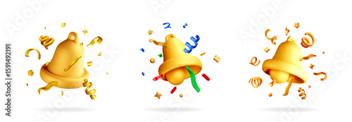 Golden bells with different confetti types and ribbons falling around. Celebration and festive concept. Vector 3d illustration.