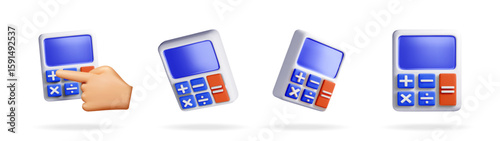 Set of 3d calculator models with finger pressing button. Math device illustration for accounting, finance, education, business concept.